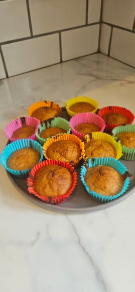 picture of freshly bakes cakes in rainbow cases on a plate
