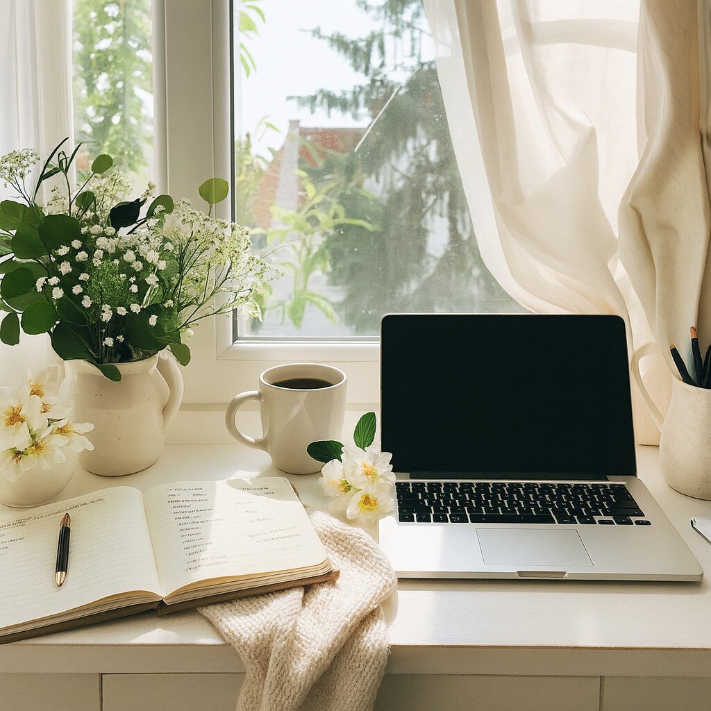 image of aesthetic workspace, with laptop, journal, coffee, and plant. Overlooking window to outside.