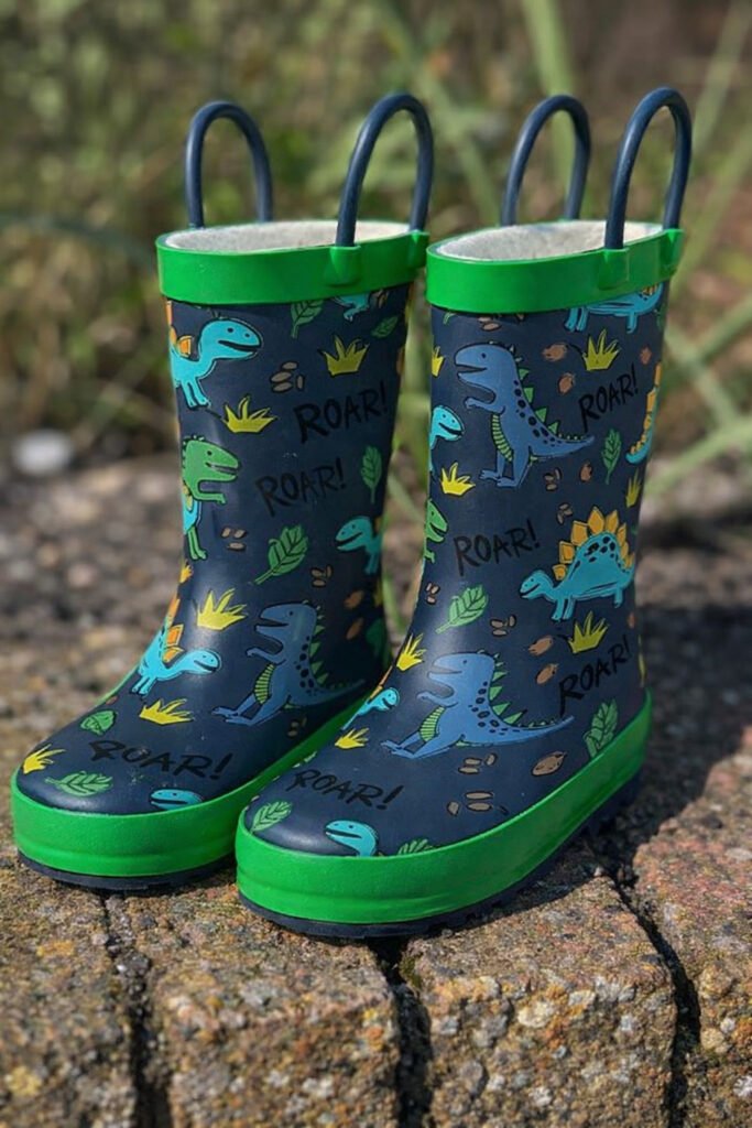 photo image of dinosaur wellies on a stone wall.