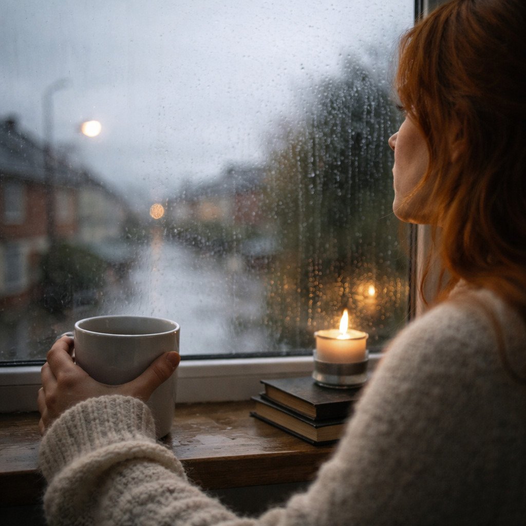 AI image of women looking out of a raining window in deep throught