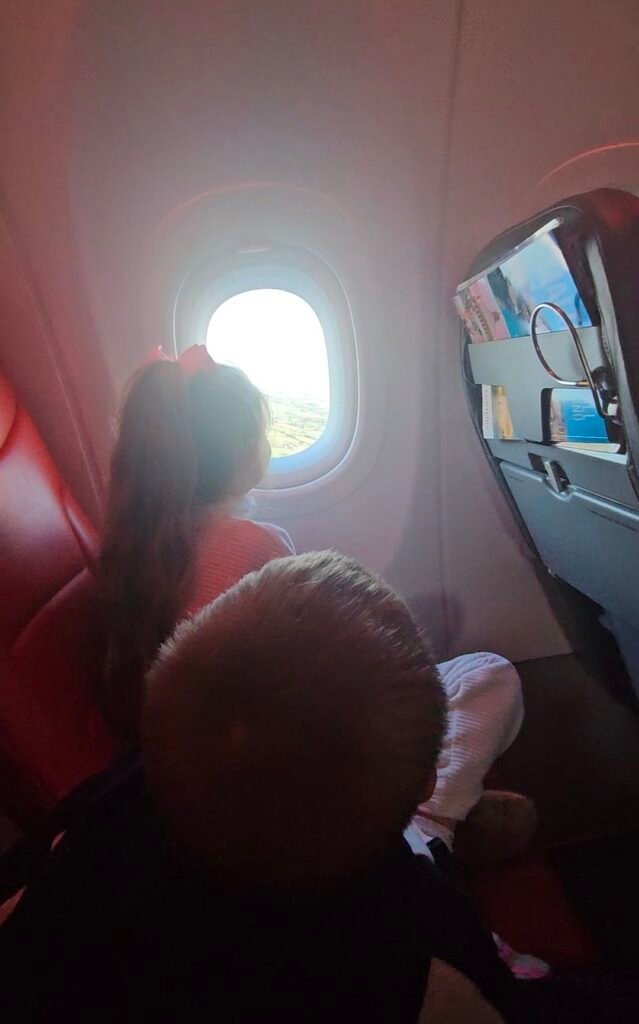 image of children looking out a plane mirror