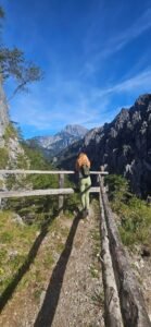 Jen standing beside a wooden railing overlooking rocky mountains near Johnsbach, Austria