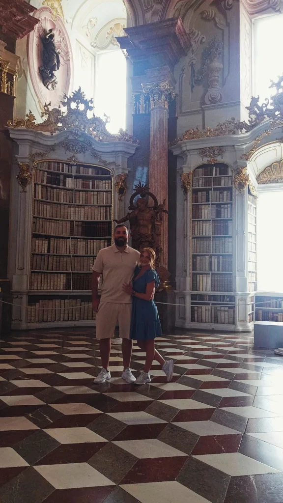 Jen and David at Admont Abbey Library Jen and David beneath the ornate ceiling in Admont Abbey Library, Austria